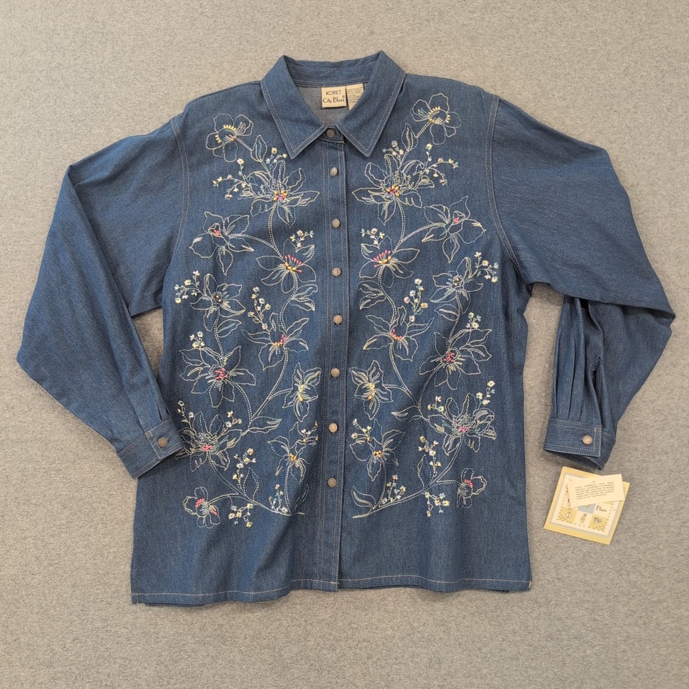 Koret City Blues Women's XL Denim Embroidered Floral Button Down Shirt - Picture 1 of 7